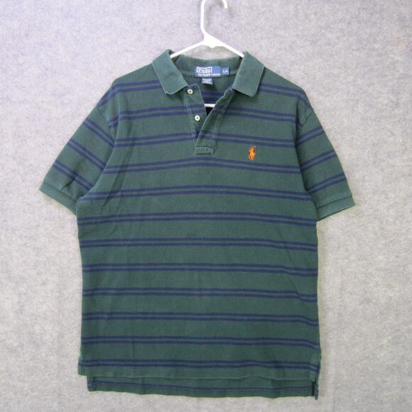 Polo Ralph Lauren Polo Shirt Mens Large Green Blue Striped Short Sleeve Classic - Picture 1 of 8
